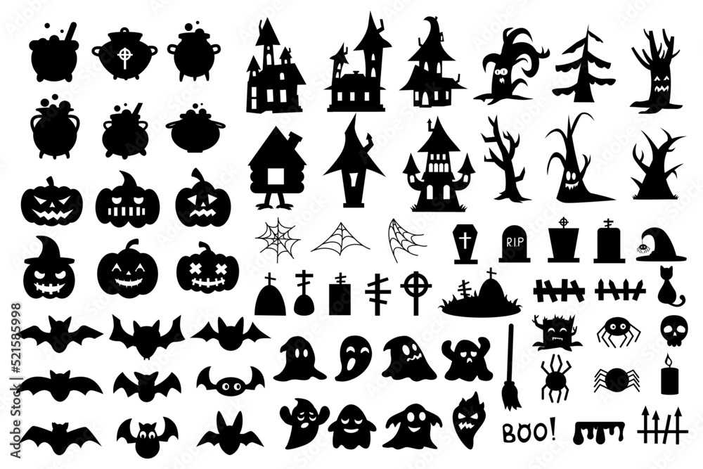 Halloween silhouette set. Ghost bat, black spooky web, wizard houses. Scary tombstone and grave fence, witch cauldron. Fear party celebration decor, horror objects. Vector illustration icon