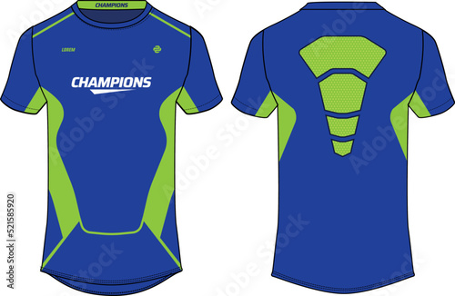 Sports jersey t shirt design flat sketch illustration, Round neck compression fit football jersey concept with front and back view for Cricket, soccer, Volleyball and badminton uniform kit