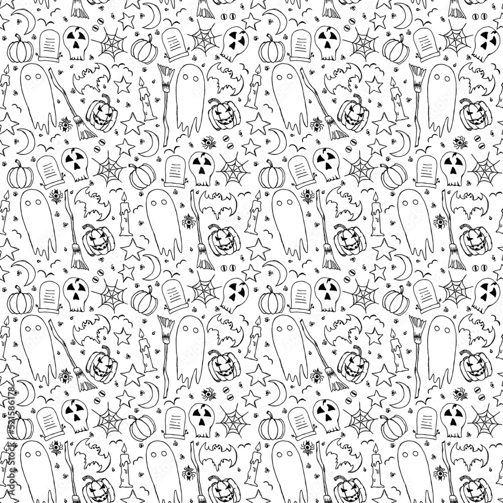 Seamless halloween pattern. Halloween background with doodle halloween icons