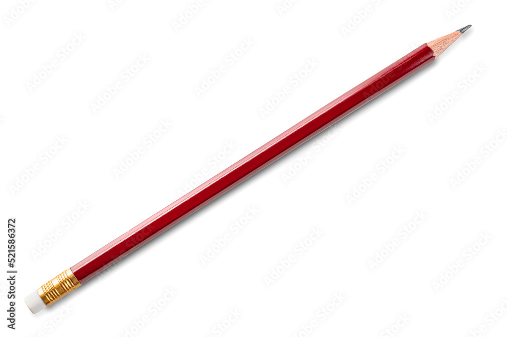 pencil isolated on pure white background. Sharp pencil. Red pencil isolated on white with Eraser