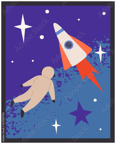 Astronaut travels in intergalactic space. Man on spaceship flies in solar system. Fantastic transport of explorer in space. Spaceman flying among rocket and stars. Sky landscape with celestial objects