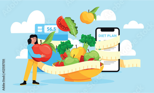 Nutrition health diet program. Diabetic food. Smartphone slimming application. Cholesterol and weight control. Detox meal. Healthy vegetables. Sport app. Vector illustration concept