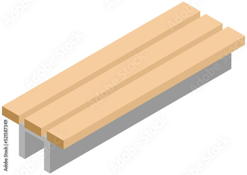 Wooden bench as long seat in public open space vector illustration. Seating area in park or office isolated on white yellow settle seating and meeting place, for relax. Garden outdoor furniture