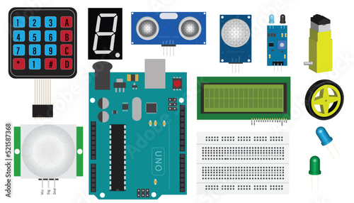 Arduino kit with sensor modules, lcd, keypad, motor and led.