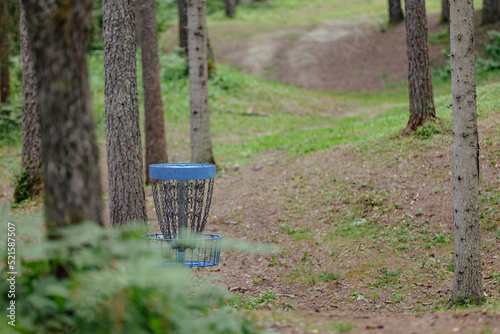 disc golf basket in the woods