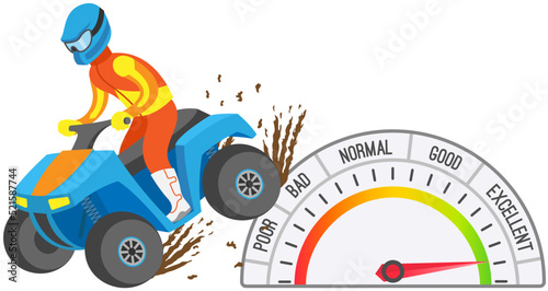 Speedometer and biker on quad bike, car speed control. Tachometer with color sectors from poor to excellent. Speedo with scales and pointers for measurement of speed and kilometers in vehicle