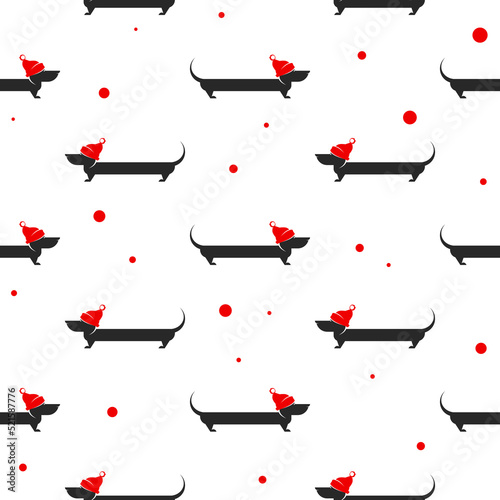 Dachshund dog with red winter hat with pompon seamless pattern. Holiday ornament on white background. Cute funny pet fabric or card print. Christmas and new year creative wallpaper