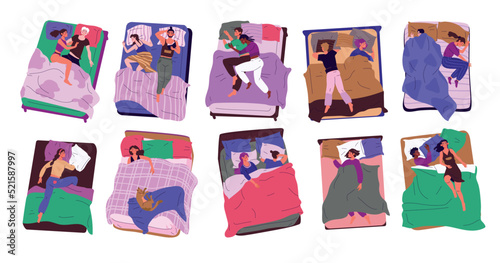 Woman and couple in bad. Sleeping characters top view. Happy people asleep alone or couples in blanket with blankets and pillows, deep dream. Nighttime rest. Vector cartoon flat set