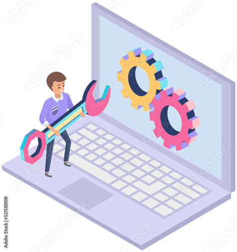 Software setup, technical support, computer service. Gear, engineer with wrench on screen. Program for working with software or maintenance of electronic equipment. Installation of technology settings