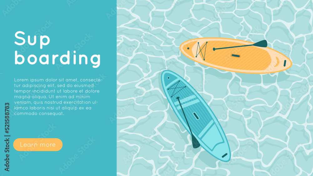 Naklejka premium Sup board on water surface. Banner template for paddle boarding sport. Surfboards set in the ocean or the sea. Vector illustration Aqua texture background in turquoise color. Extreme tourism concept