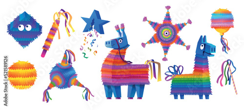 Funny Mexican horse pinata. Blue donkey with heart. Toys for Mexico holiday or birthday carnival. Paper figures. Confetti and ribbons. Striped colorful pony. Vector illustration set