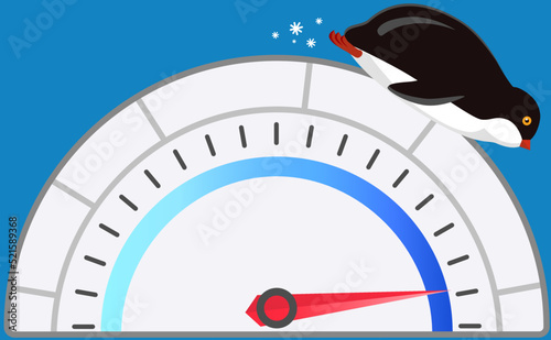 North pole and cold climate concept. Cute arctic baby penguin play fun ride cold thermometer symbol. Large black and white marine bird. Animal living in antarctic. Swimming bird, marine animal