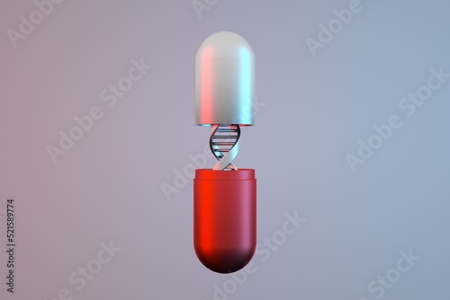 3d rendering of medical capsule with a DNA molecule structure inside