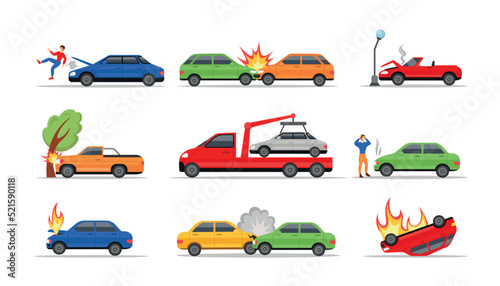 Car accident. Transport crash. Broken vehicle with damaged bumper. Road traffic or automobile crush. Repair of motor or wheel. Careless driving. Auto disasters set. Vector illustration