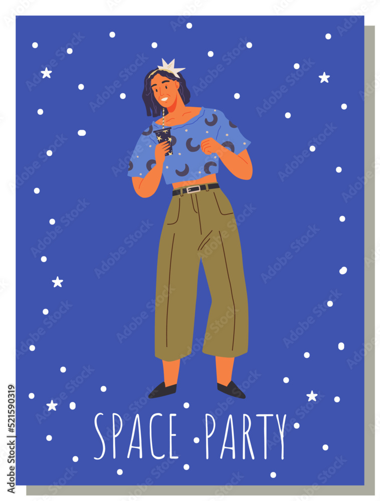 Naklejka premium Animators birthday party in cosmic style. Theme party in costumes. Dancing people in costumes have fun at space party. Characters in self made outfits surrounded by cosmic bodies, space disco poster