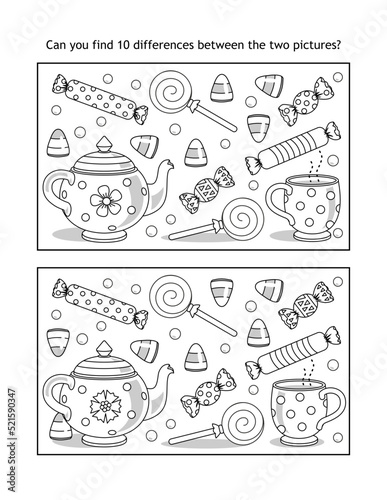 Halloween candy and tea party find the differences picture puzzle and coloring page
