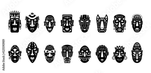 African masks. Black silhouette set. Ritual ancient symbols of african, aboriginal faces with tattoo, tribe people heads, zulu human drawing. Cult isolated elements. Vector cartoon illustration