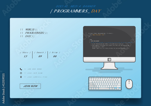 Banner template with computer in cartoon design for international programmers day design