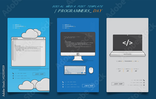 Social media post template with cartoon of computer and laptop design for programmers day design