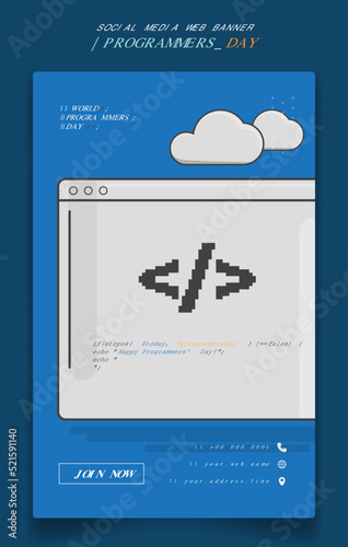 Banner template with developer icon in pixel design with cloud for programmer day design