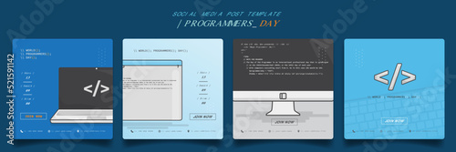 Set of social media post template with computer in cartoon design for programmers day design photo