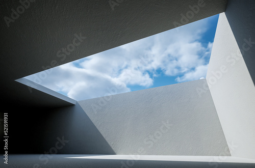 Empty loft room with white walls  city view and concrete floor 3D Render