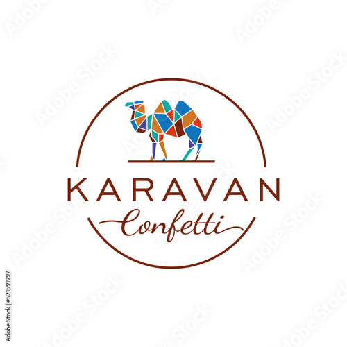 Modern Colorful Caravan Logo Design Vector. Luxury Camel Silhouette for Confetti Store Sign. Playful Camel Icon