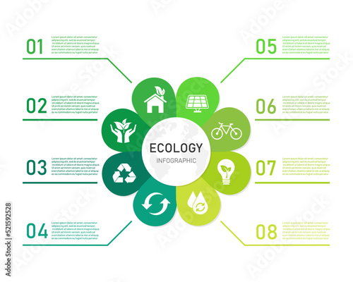 modern flower ecology infographic. presentation slide templates with 8 element. vector illustration flat design. isolated on white background. can be used for workflow layout, diagram, web design.