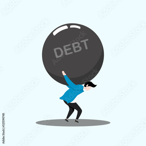 the concept of lack of money and debt. Troubled young businessman lifting iron ball as debt on back feeling bad vector illustration