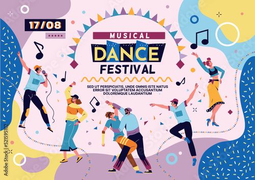 Music dance poster. Summer party with street food, spring city concert or fest, happy night market. Girls and boys fun characters. Different choreography positions. Vector modern background
