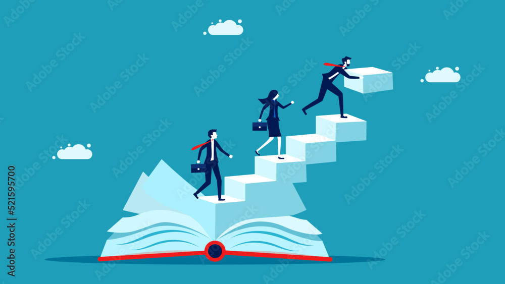Organizational development book. businessman builds a book ladder