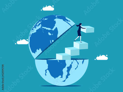 open the world to develop yourself. A businesswoman builds a ladder to get out of the world. vector