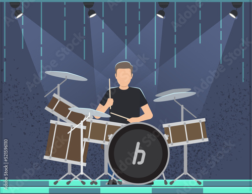 Guy drummer at drum. Brutal man playing with sticks on drums and cymbals flat style design. Talented happy musician, musical show. Musical art concept, member of rock group, music equipment on stage