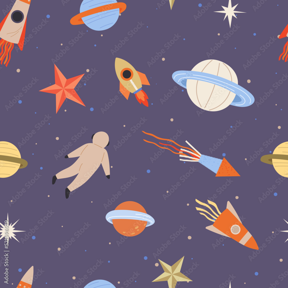 Seamless childish pattern with space elements. Creative background with astronaut flying among rockets and planets. Design of galaxy print for kids abric, wrapping, wallpaper, textile, apparel Seamless childish pattern with space elements. Creative background with astronaut flying among rockets and planets. Design of galaxy print for kids abric, wrapping, wallpaper, textile, apparel