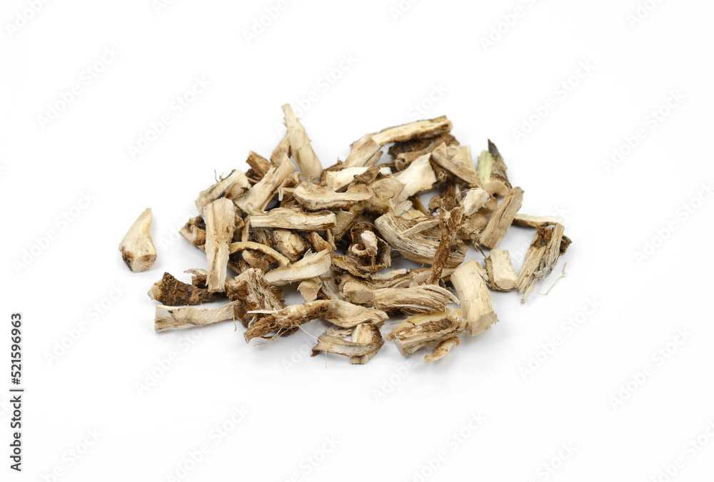 herbal medicine - dry ingredient chicory root, for the preparation of medicinal broth, isolated, white background - obrazy, fototapety, plakaty 