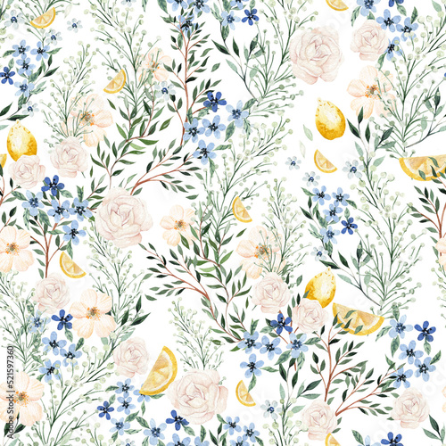 Watercolor seamless pattern with pink and blue flowers and leaves, different leaves and peacoc bird. Illustration