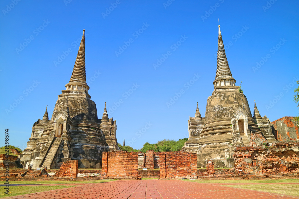 Stunning Historic Pagodas of Wat Phra Si Sanphet View from the Entrance of Old Royal Palace Archaeological Complex, Ayutthaya, Thailand