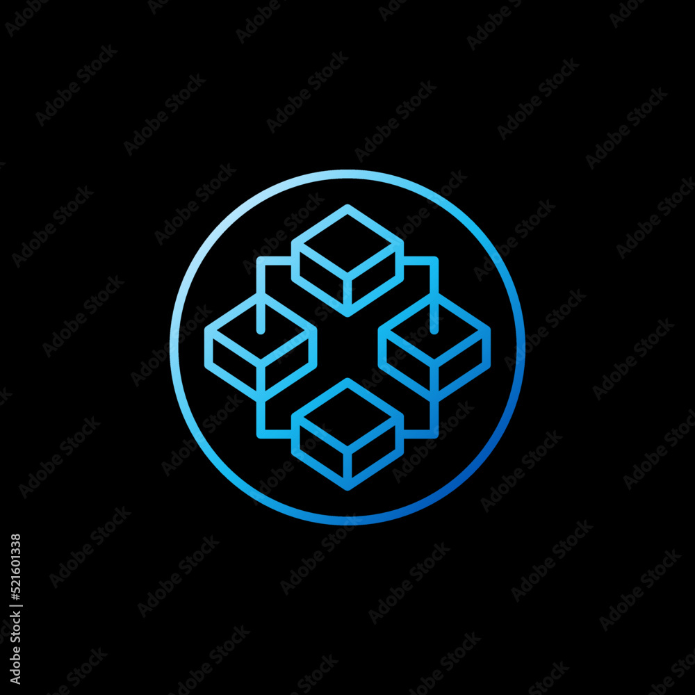 Circle with Blockchain Technology and 4 Blocks vector concept blue line icon