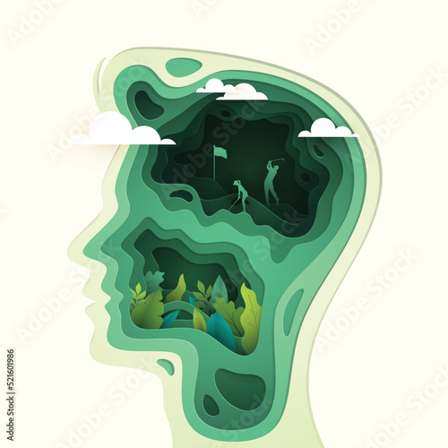Paper cut layered human head with men golf player hitting the ball, business or mind psychology concept