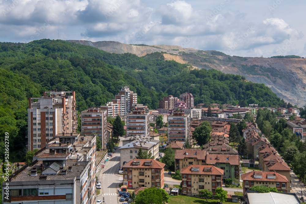 Beautiful Rooftop aerial view of the Majdanpek city residential area and architecture. The city is famous for one of largest mine copper in world. Majdanpek, Bor, Serbia 06.06.2022