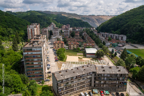 Beautiful Rooftop aerial view of the Majdanpek city residential area and architecture. The city is famous for one of largest mine copper in world. Majdanpek, Bor, Serbia 06.06.2022 photo