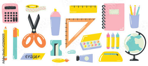 Hand-drawn back to school stationery vector set. Study supply collection