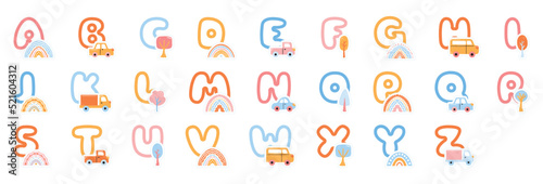 Baby hand drawn alphabet with rainbows, trees and cars. Vector scandinavian font set.