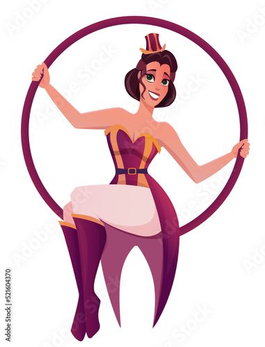 Aerial gymnast girl sit on hoop. Circus gymnast. Cartoon character.