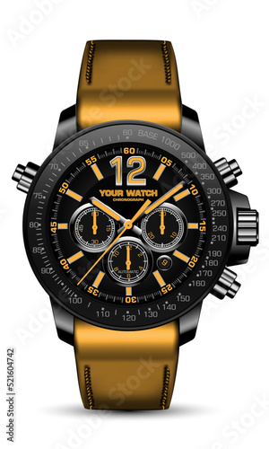Realistic watch clock chronograph gold steel brown face leather strap red arrow on white design classic luxury fashion for men vector
