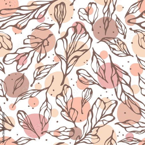 Leaf silhouettes with veins. Floral seamless pattern in autumn colors. Leaves on flesh-colored spots. Background for wrapping, fabric, scrapbooking or wallpaper.