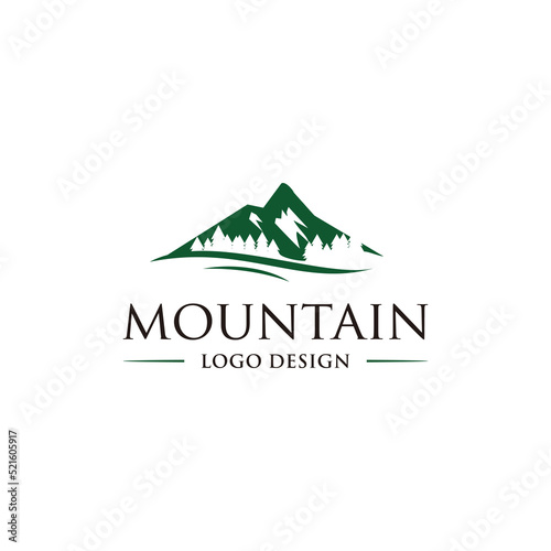 mountain peak logo design, adventures hill vector.green pine forest and river concept template photo