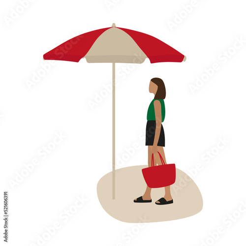 A young woman in a summer clothes and with a bag in her hand stands under a beach umbrella on a white background