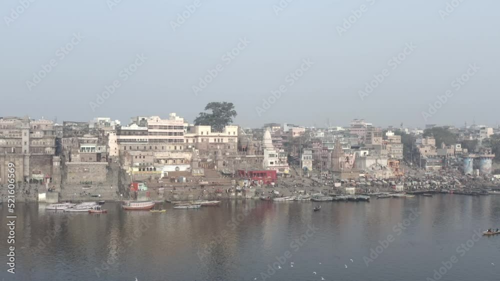 An Aerial shot of Ganga Ghat at Ganga River at Varansi,Banaras, Uttar Pradesh,India An Aerial shot of Ganga Ghat at Ganga River at Varansi,Banaras, Uttar Pradesh,India