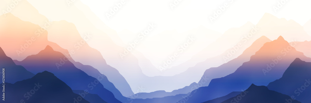 Sunrise in the mountains, mountain ranges in the morning haze, panoramic view, vector illustration